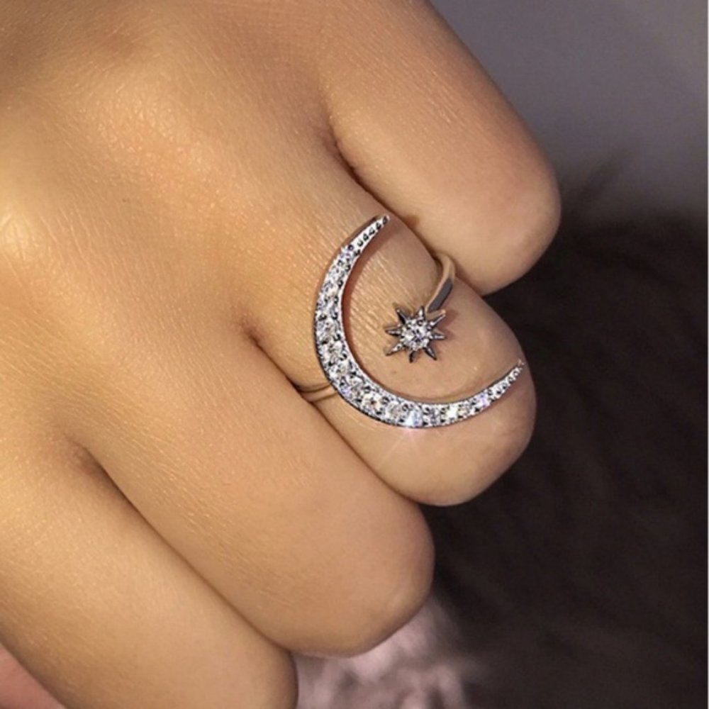 Sterling Silver Diamond Moon Star Resizeable Ring
